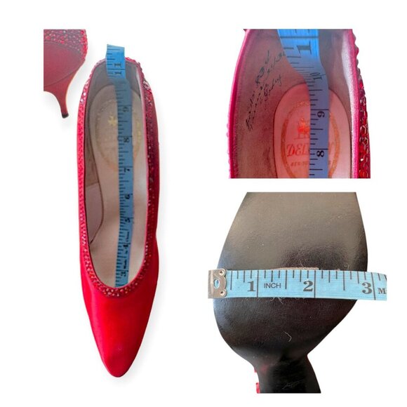 Vintage Delman Red Satin Rhinestone Heels 1950s Size 6B  Cocktail Pumps - Picture 14 of 15